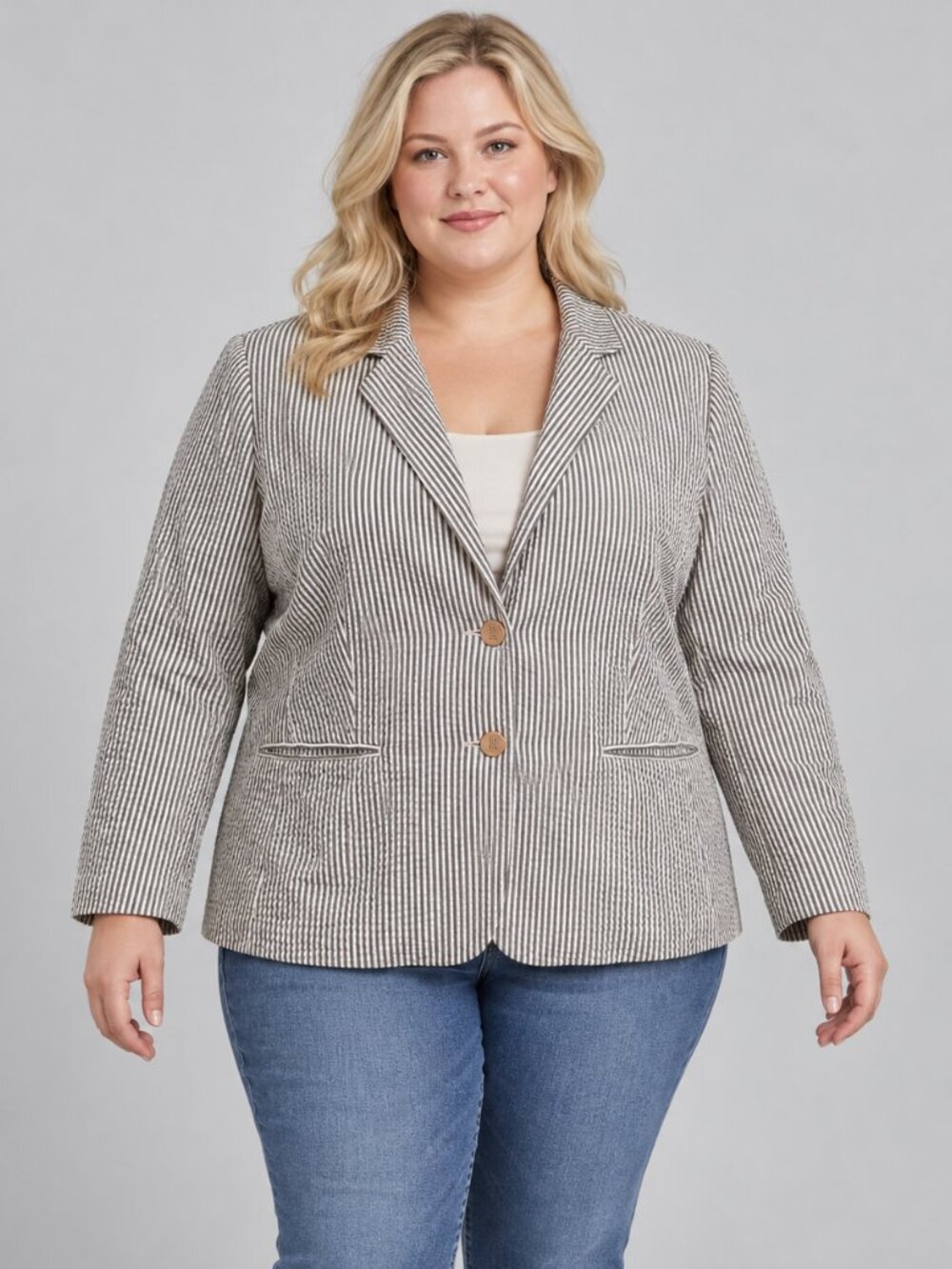 Lauren Ralph Lauren Womens Blazer 22W Gray White Striped Seersucker Cotton